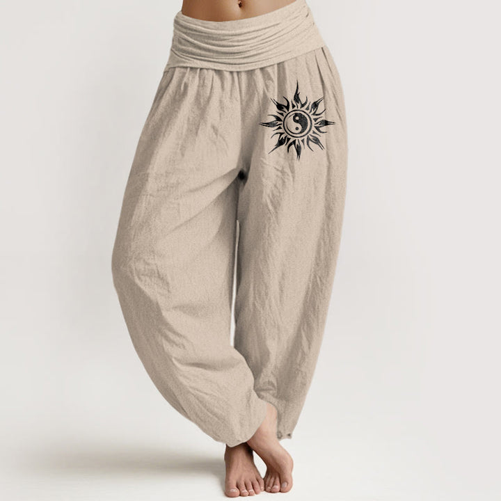 Buddha Stones Harembroek voor dames met elastische Taille en Yin Yang-zonpatroon van 100% Cotton - Bruinen - US16, UK/AU20, EU48 (3XL) - image 11