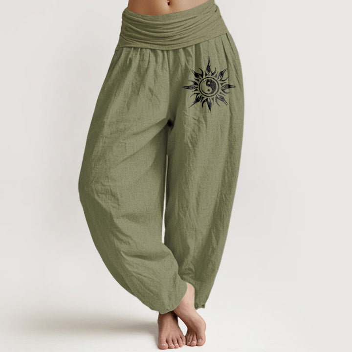 Buddha Stones Harembroek voor dames met elastische Taille en Yin Yang-zonpatroon van 100% Cotton - Olijfgroen - US16, UK/AU20, EU48 (3XL) - image 14