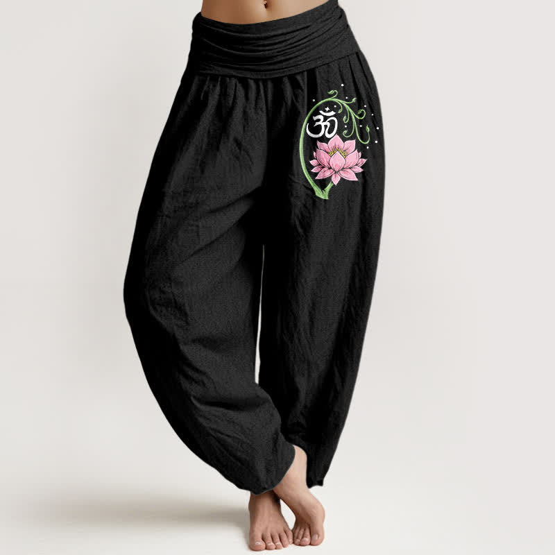Buddha Stones Harembroek voor dames met elastische Taille, gemaakt van 100% Cotton met lotusrankenpatroon (Om-motief). - Zwart - US16, UK/AU20, EU48 (3XL) - image 0