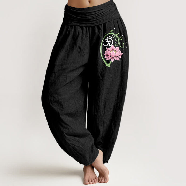 Buddha Stones Harembroek voor dames met elastische Taille, gemaakt van 100% Cotton met lotusrankenpatroon (Om-motief). - Zwart - US16, UK/AU20, EU48 (3XL) - image 0