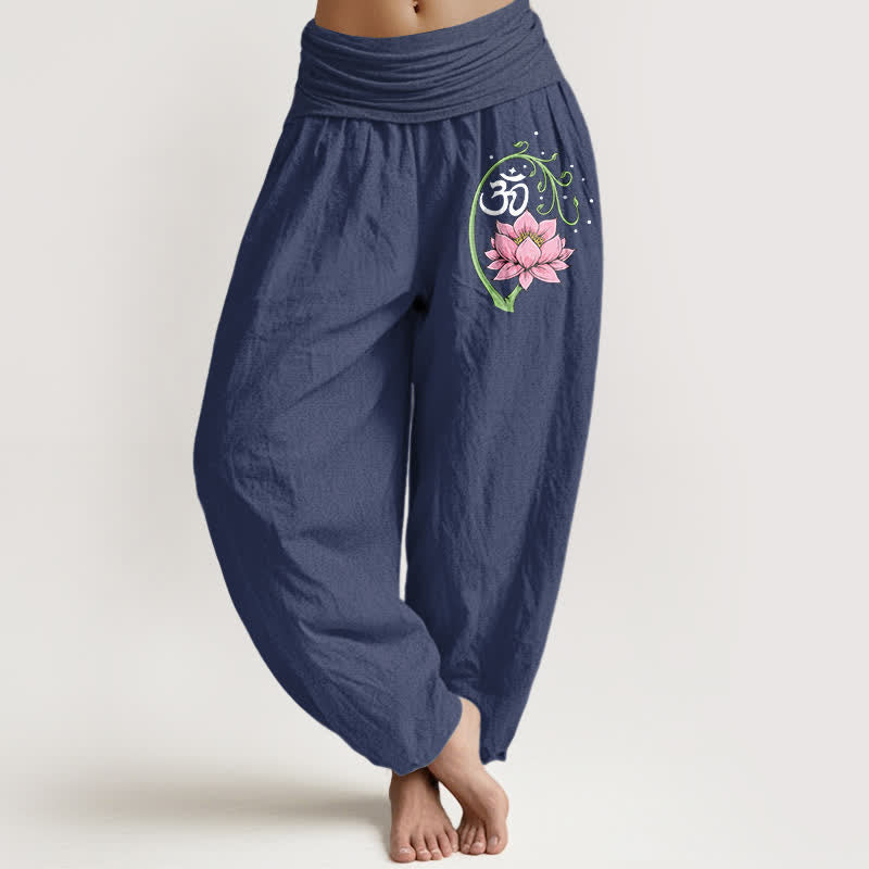Buddha Stones Harembroek voor dames met elastische Taille, gemaakt van 100% Cotton met lotusrankenpatroon (Om-motief). - Donker leisteenblauw - US16, UK/AU20, EU48 (3XL) - image 5