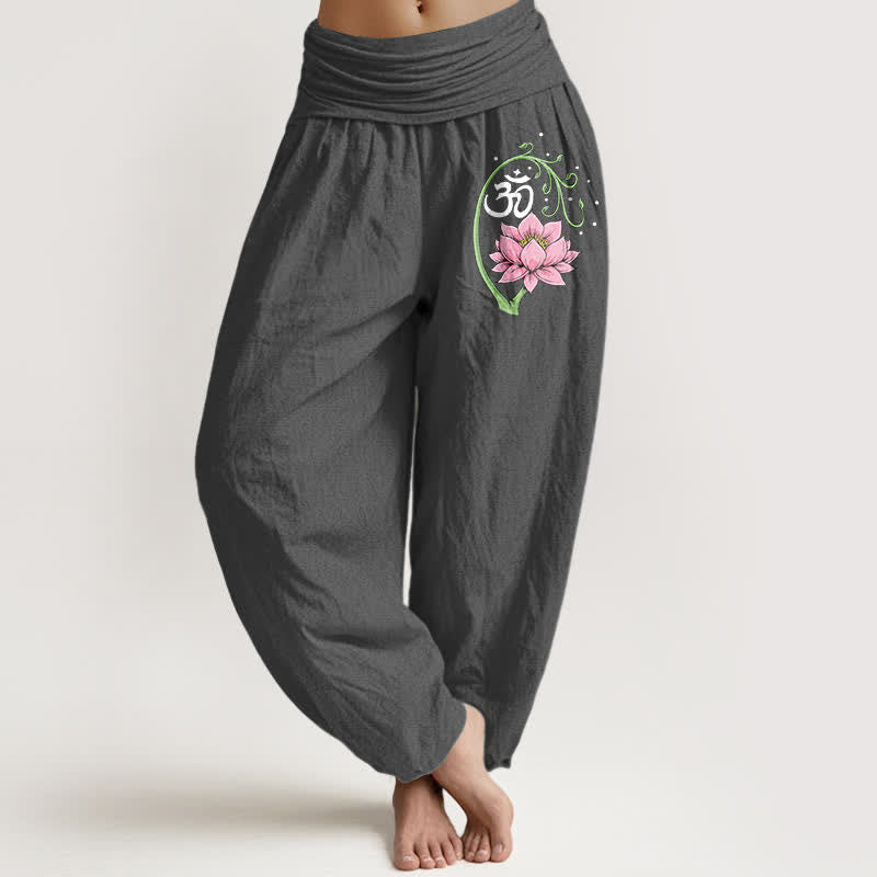 Buddha Stones Harembroek voor dames met elastische Taille, gemaakt van 100% Cotton met lotusrankenpatroon (Om-motief). - Donkergrijs - US16, UK/AU20, EU48 (3XL) - image 8