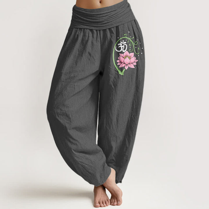 Buddha Stones Harembroek voor dames met elastische Taille, gemaakt van 100% Cotton met lotusrankenpatroon (Om-motief). - Donkergrijs - US16, UK/AU20, EU48 (3XL) - image 8