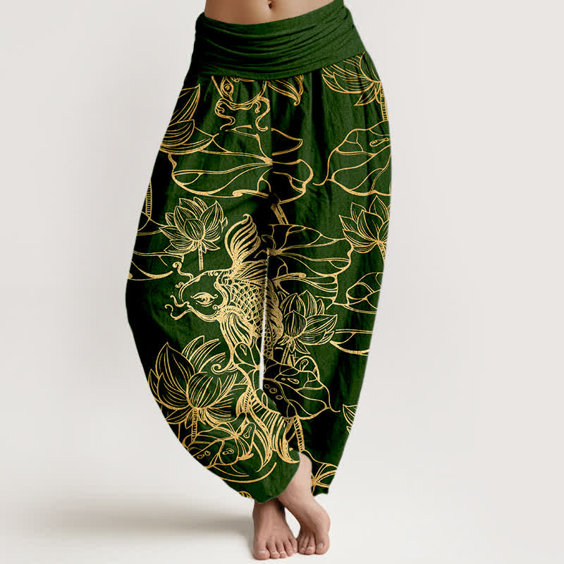 Buddha Stones Dames harembroek met elastische Taille en lotusvijverpatroon - Donkergroen - US16, UK/AU20, EU48 (3XL) - image 0