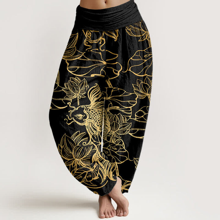Buddha Stones Dames harembroek met elastische Taille en lotusvijverpatroon - Zwart - US16, UK/AU20, EU48 (3XL) - image 5