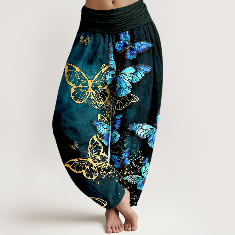 Buddha Stones Dames harembroek met elastische Taille en artistiek vlinderpatroon - Turkoois - US16, UK/AU20, EU48 (3XL) - image 0