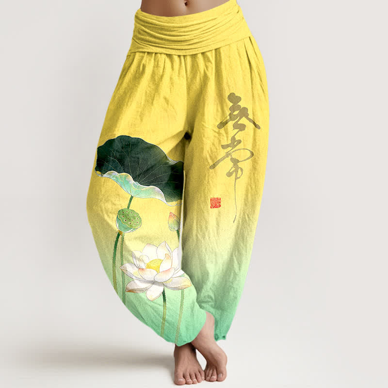 Buddha Stones Elegante katoenen harembroek met lotusbloemmotief en elastische Taille voor dames - Geel - US16, UK/AU20, EU48 (3XL) - image 0