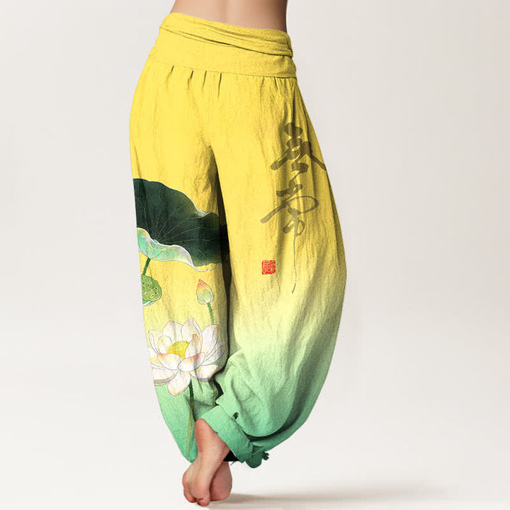 Buddha Stones Elegante katoenen harembroek met lotusbloemmotief en elastische Taille voor dames - image 2