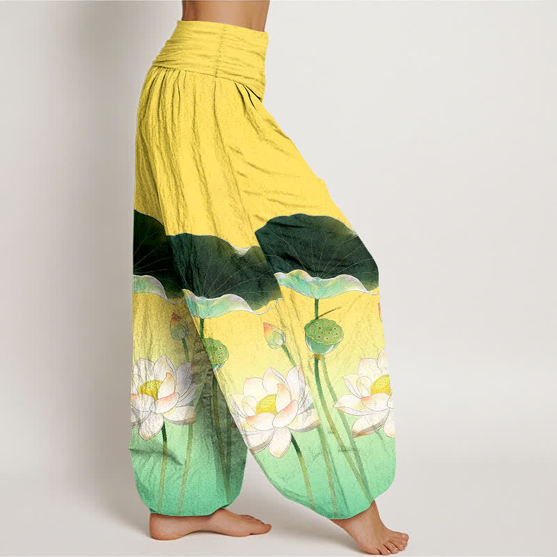 Buddha Stones Elegante katoenen harembroek met lotusbloemmotief en elastische Taille voor dames - image 1