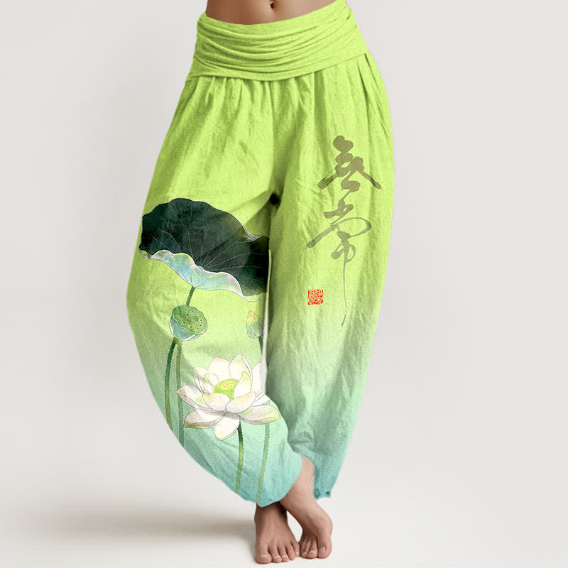 Buddha Stones Elegante katoenen harembroek met lotusbloemmotief en elastische Taille voor dames - Turkoois - US16, UK/AU20, EU48 (3XL) - image 5