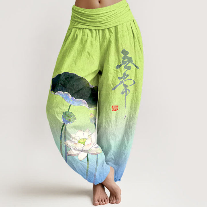 Buddha Stones Elegante katoenen harembroek met lotusbloemmotief en elastische Taille voor dames - Diep Hemelsblauw - US16, UK/AU20, EU48 (3XL) - image 8