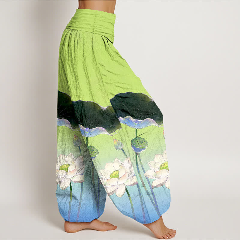 Buddha Stones Elegante katoenen harembroek met lotusbloemmotief en elastische Taille voor dames - image 9