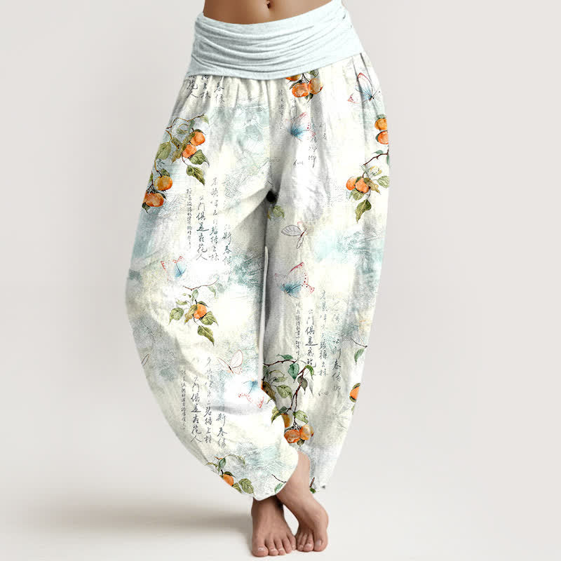 Buddha Stones Dames harembroek met elastische Taille en kalligrafieprint van katoeninkt en citrusvlinders. - Lichtcyaan - US16, UK/AU20, EU48 (3XL) - image 0