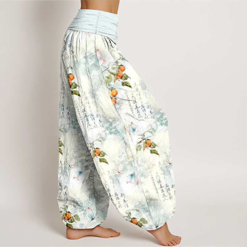 Buddha Stones Dames harembroek met elastische Taille en kalligrafieprint van katoeninkt en citrusvlinders. - image 1
