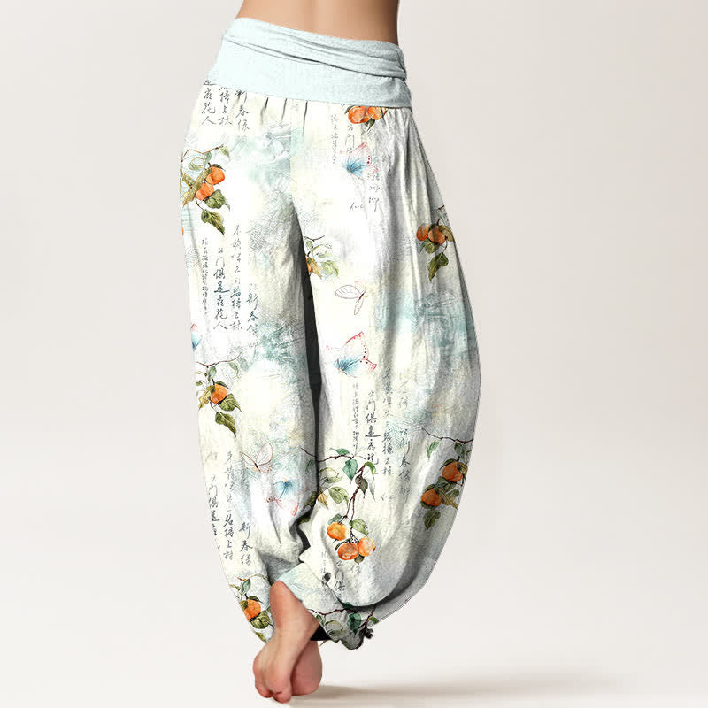 Buddha Stones Dames harembroek met elastische Taille en kalligrafieprint van katoeninkt en citrusvlinders. - image 2