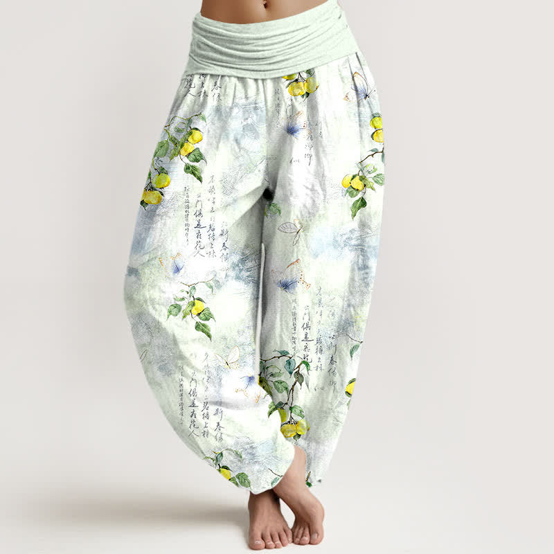 Buddha Stones Dames harembroek met elastische Taille en kalligrafieprint van katoeninkt en citrusvlinders. - Honingmeloen - US16, UK/AU20, EU48 (3XL) - image 8