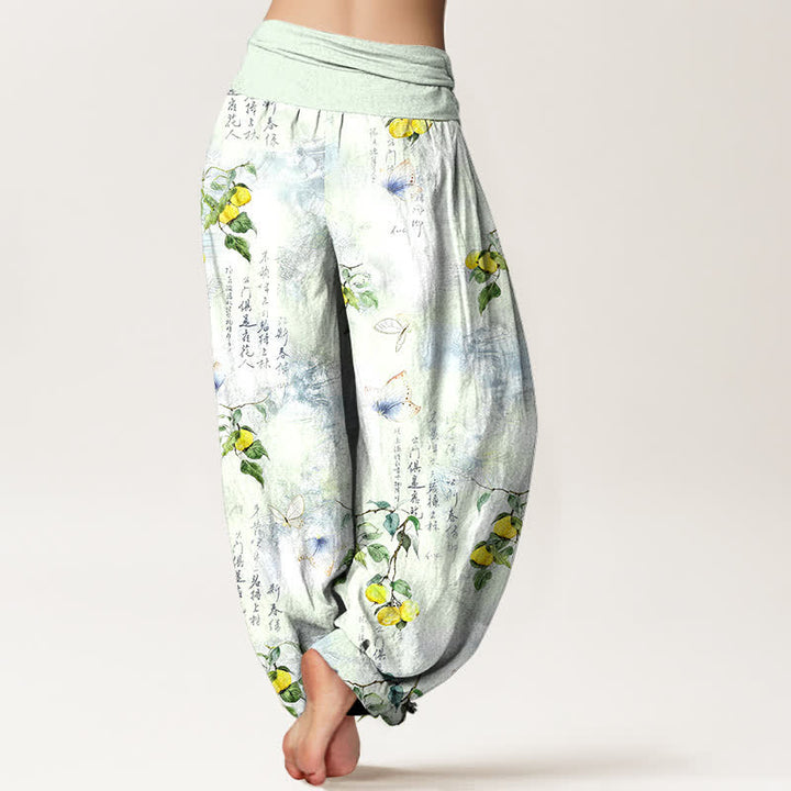 Buddha Stones Dames harembroek met elastische Taille en kalligrafieprint van katoeninkt en citrusvlinders. - image 10