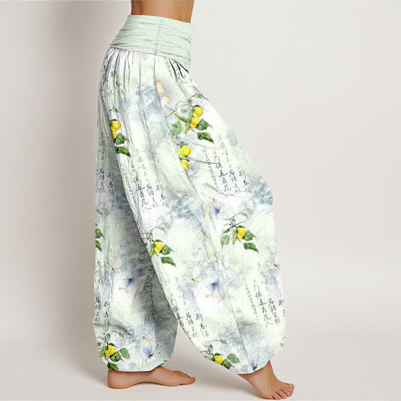 Buddha Stones Dames harembroek met elastische Taille en kalligrafieprint van katoeninkt en citrusvlinders. - image 9