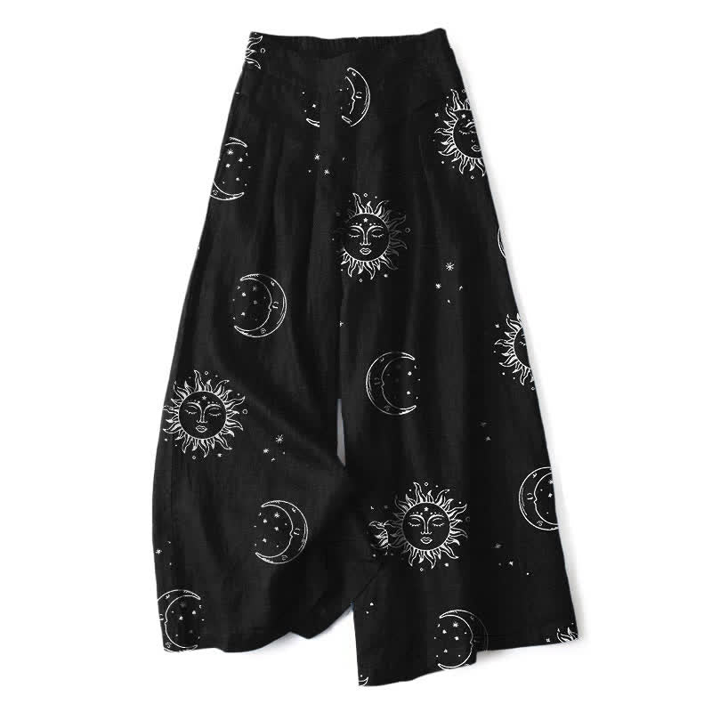 Buddha Stones Damesbroek met elastische Taille en wijde pijpen, gemaakt van katoen en linnen met een hemels zon- en maanpatroon en Zakken. - Zwart - US16, UK/AU20, EU48 (3XL) - image 0