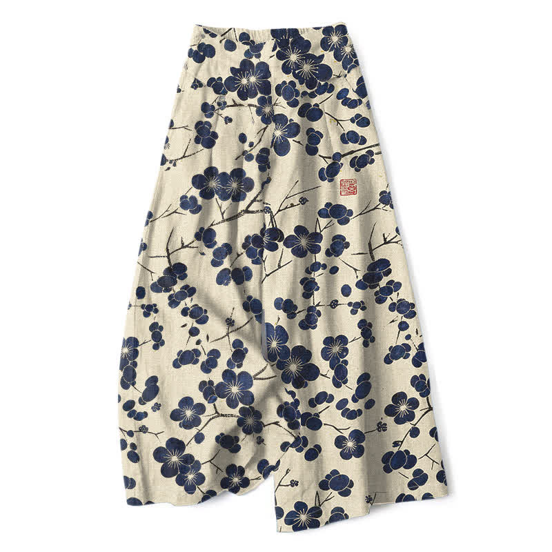 Buddha Stones Vintage damesbroek van katoen en linnen met indigo bloemenprint, elastische Taille en wijde pijpen, inclusief Zakken. - Beige - US16, UK/AU20, EU48 (3XL) - image 0