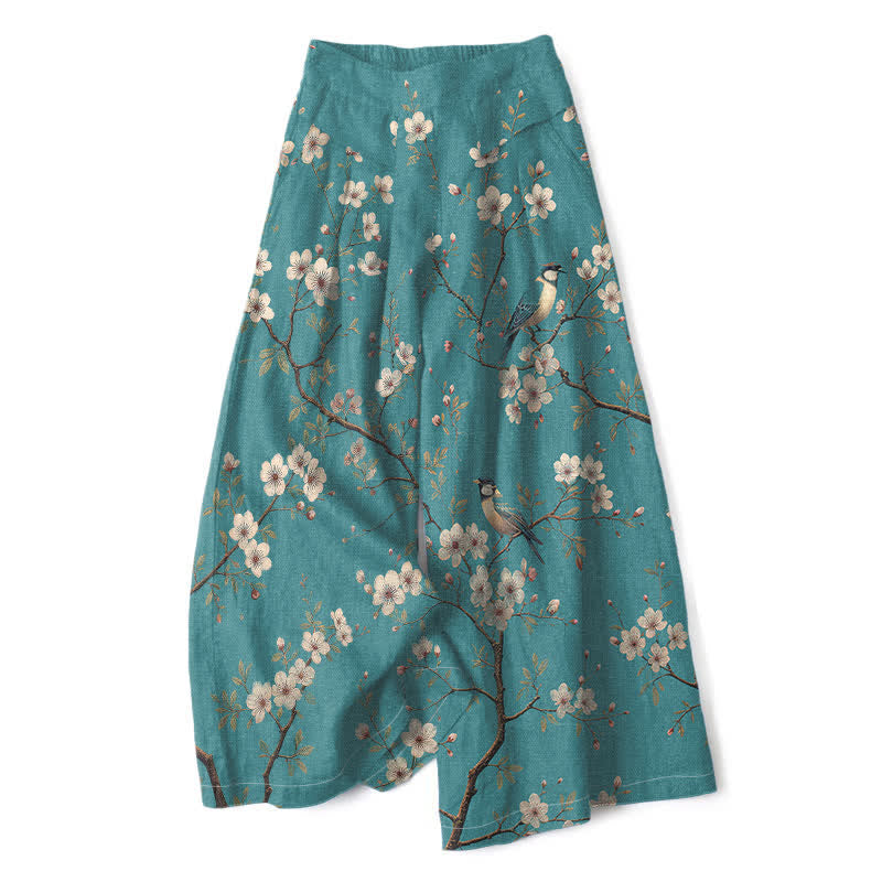 Buddha Stones Vintage damesbroek van katoen en linnen met bloemen- en vogelprint, elastische Taille en wijde pijpen, inclusief Zakken. - Middelgroot Turkoois - US16, UK/AU20, EU48 (3XL) - image 0