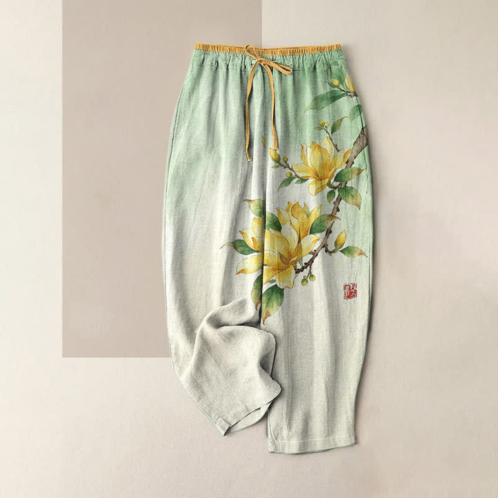 Buddha Stones Damesbroek van 100% Cotton met magnolia-print, elastische Taille en Zakken. - Lichtgroen - US16, UK/AU20, EU48 (3XL) - image 0