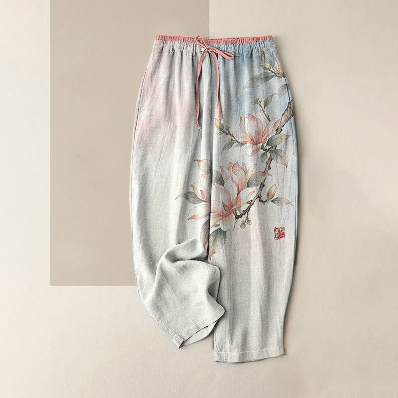 Buddha Stones Damesbroek van 100% Cotton met magnolia-print, elastische Taille en Zakken. - Roze - US16, UK/AU20, EU48 (3XL) - image 3