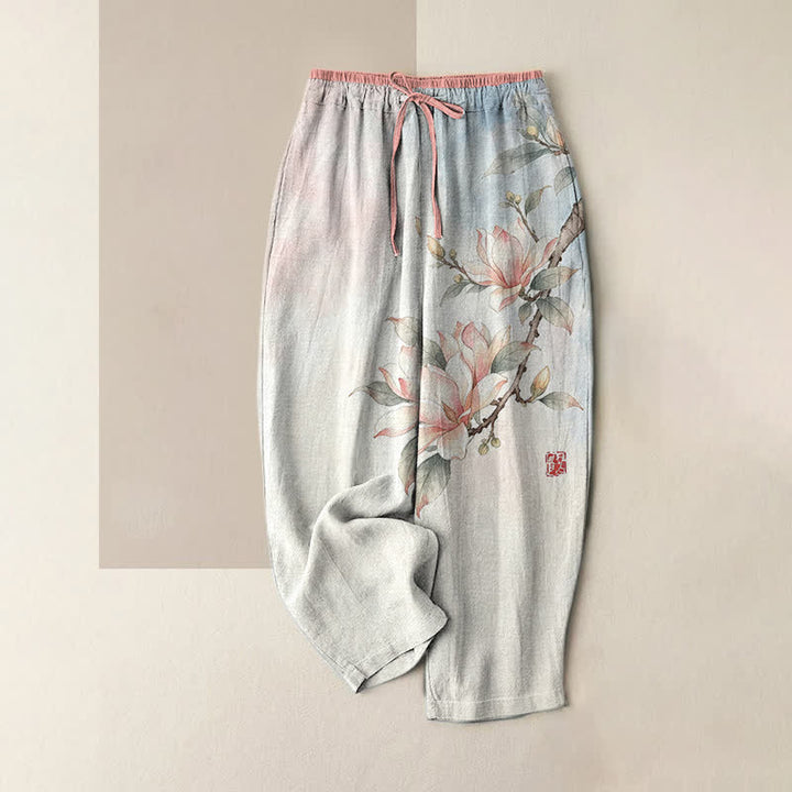 Buddha Stones Damesbroek van 100% Cotton met magnolia-print, elastische Taille en Zakken. - Roze - US16, UK/AU20, EU48 (3XL) - image 3
