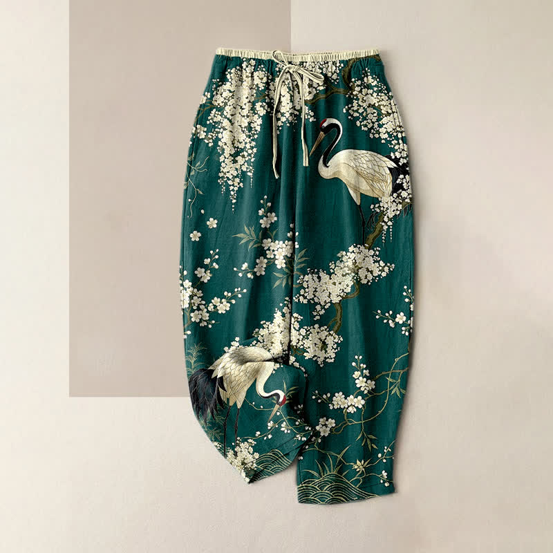 Buddha Stones Damesbroek van 100% Cotton met elastische Taille en Zakken , met oosters kraanvogel- en bloemenpatroon. - Turkoois - US16, UK/AU20, EU48 (3XL) - image 0
