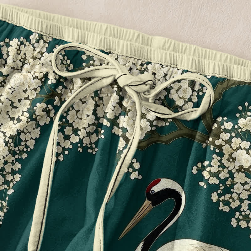 Buddha Stones Damesbroek van 100% Cotton met elastische Taille en Zakken , met oosters kraanvogel- en bloemenpatroon. - image 1