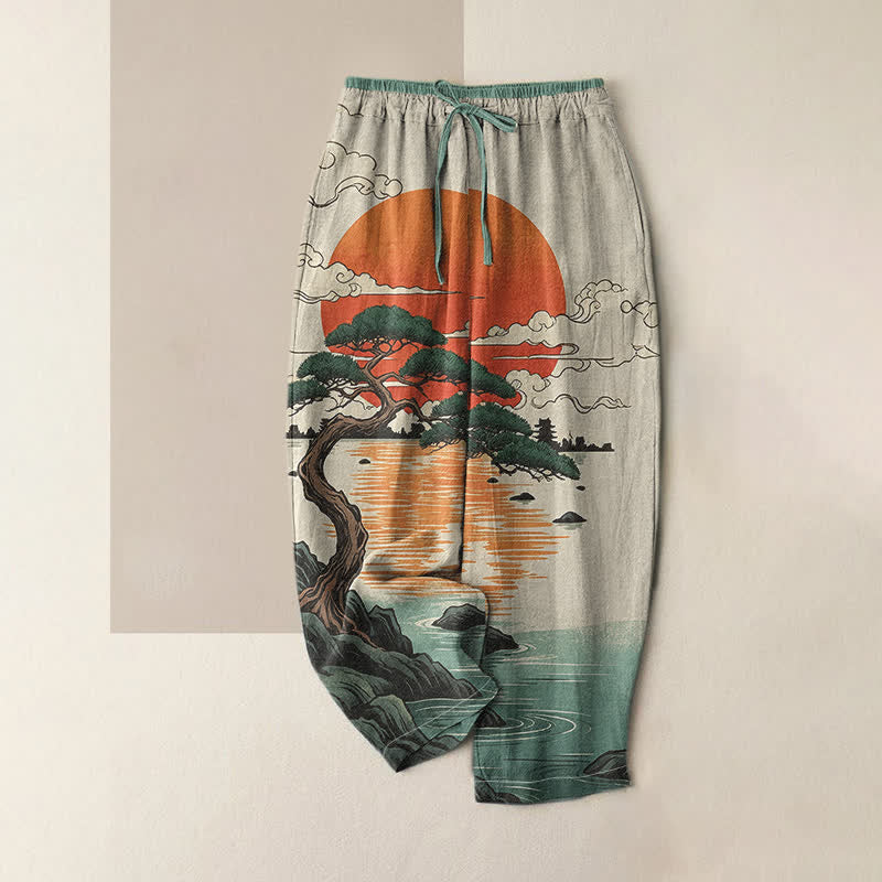 Buddha Stones Damesbroek van 100% Cotton met artistiek zonsondergang- en dennenpatroon, elastische Taille en Zakken. - Middelgroot aquamarijn - US16, UK/AU20, EU48 (3XL) - image 0