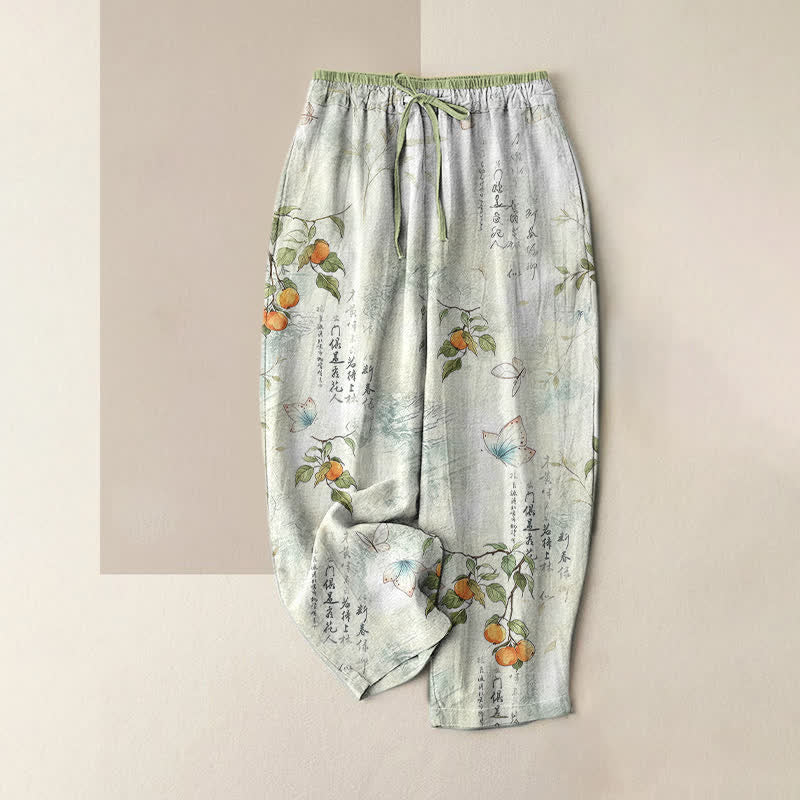Buddha Stones Damesbroek van 100% Cotton met oosters citrus- en vlinderpatroon, elastische Taille en Zakken. - Honingmeloen - US16, UK/AU20, EU48 (3XL) - image 0