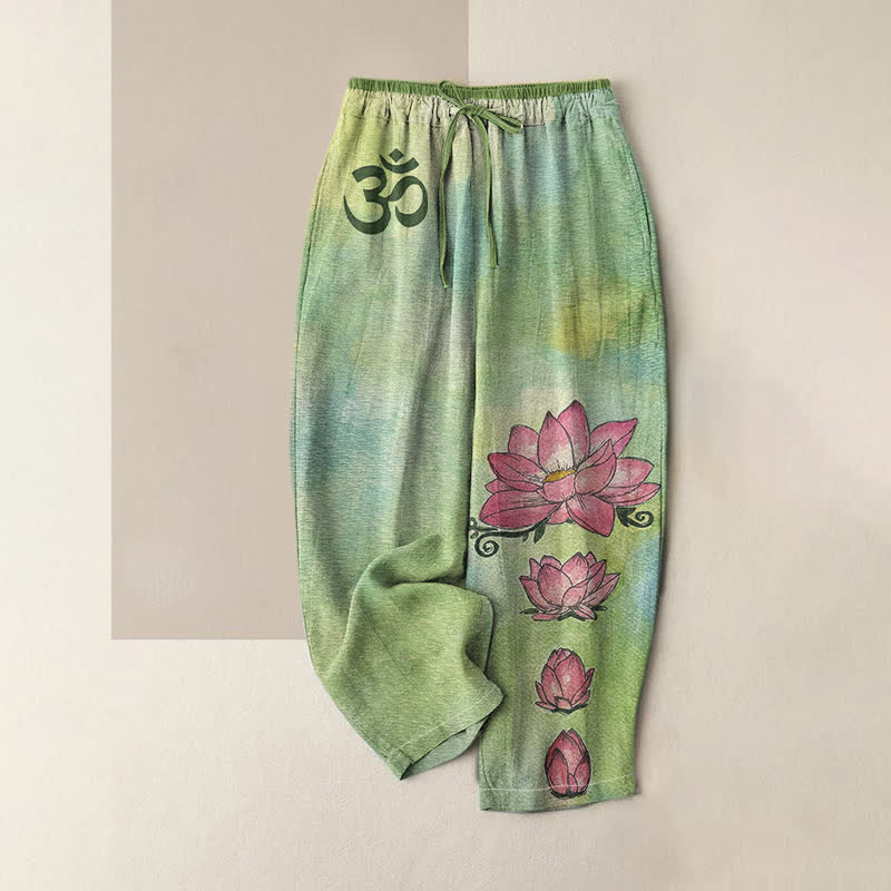 Buddha Stones Damesbroek van 100% Cotton katoen met elastische Taille en Zakken , met Zen Om lotusbloemmotief. - Lichtgroen - US16, UK/AU20, EU48 (3XL) - image 0