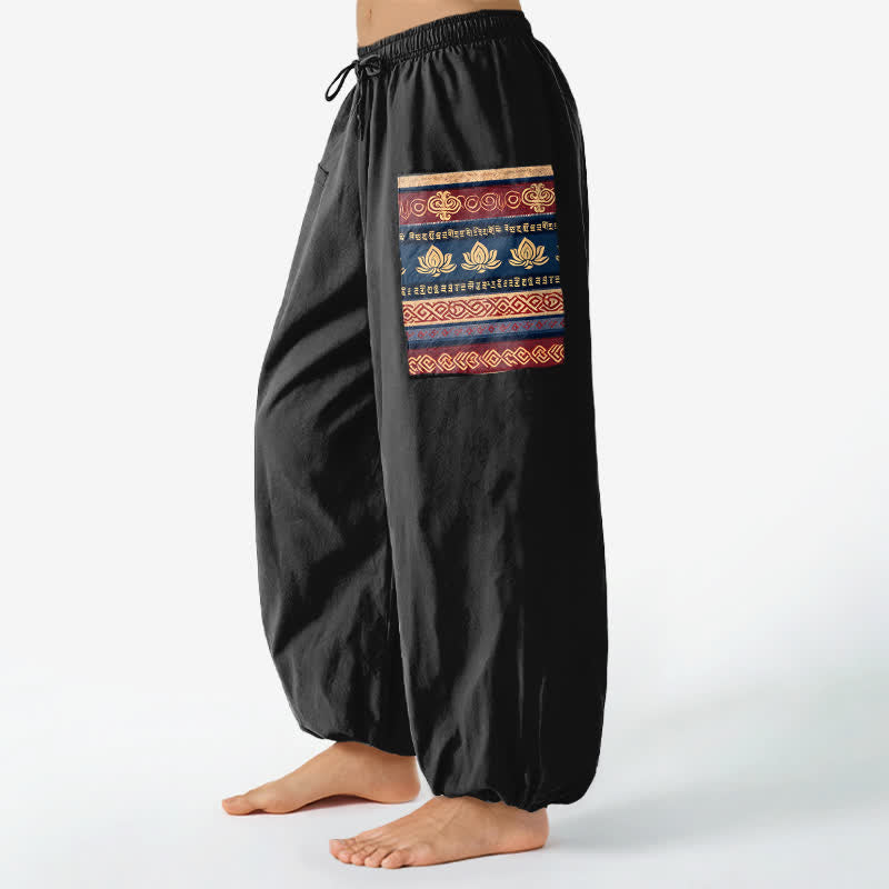 Buddha Stones Dames harembroek met elastische Taille en Zakken , Boheemse lotusprint en katoenen bohemian design. - image 1