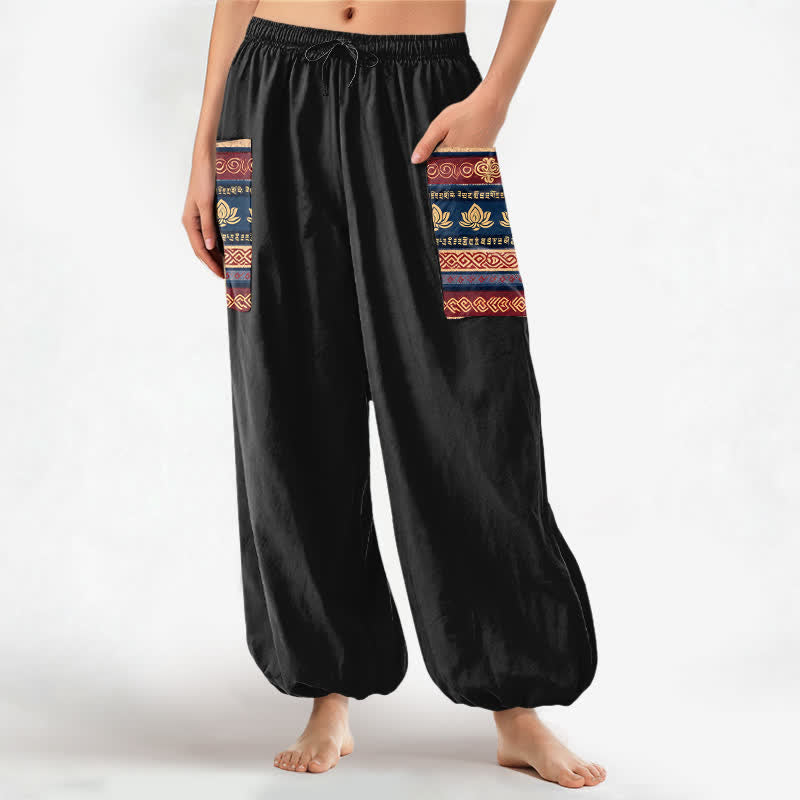 Buddha Stones Dames harembroek met elastische Taille en Zakken , Boheemse lotusprint en katoenen bohemian design. - Zwart - US16, UK/AU20, EU48 (3XL) - image 0