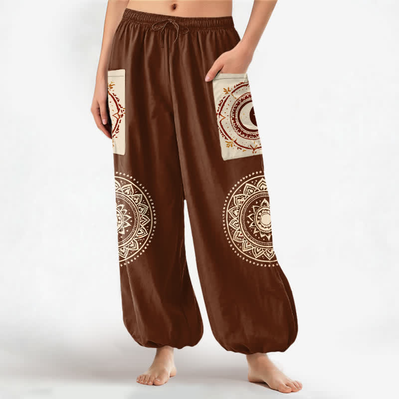 Buddha Stones Katoenen Boheemse Mandala Maanfase Patroon Dames Harembroek met Taille Zakken en Zijzakken - Zadelbruin - US16, UK/AU20, EU48 (3XL) - image 0