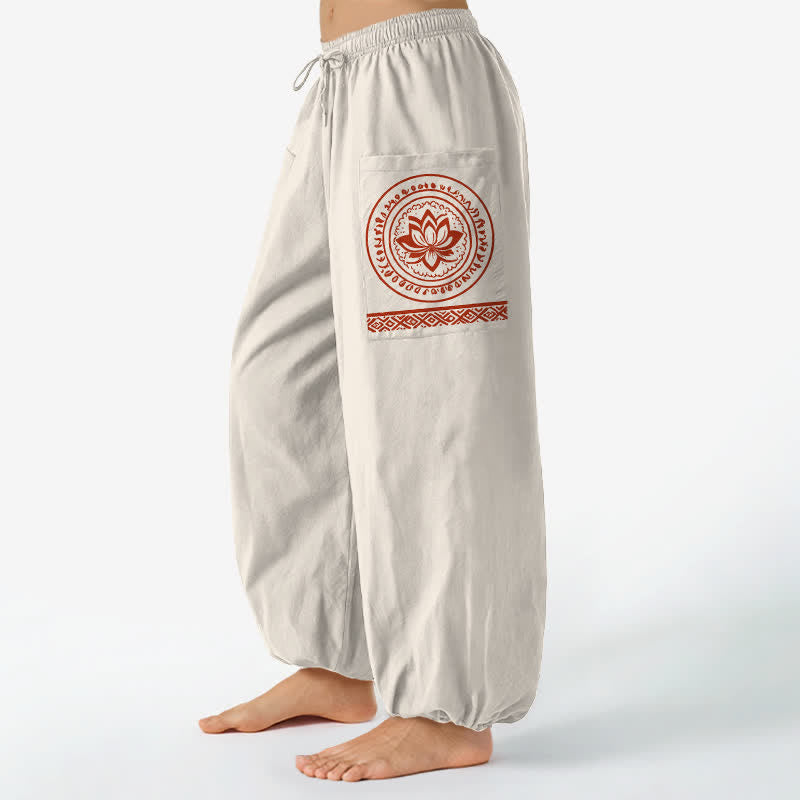 Buddha Stones Dames harembroek met elastische Taille en Zakken , katoenen lotus-mandala patroon. - Beige - US16, UK/AU20, EU48 (3XL) - image 0