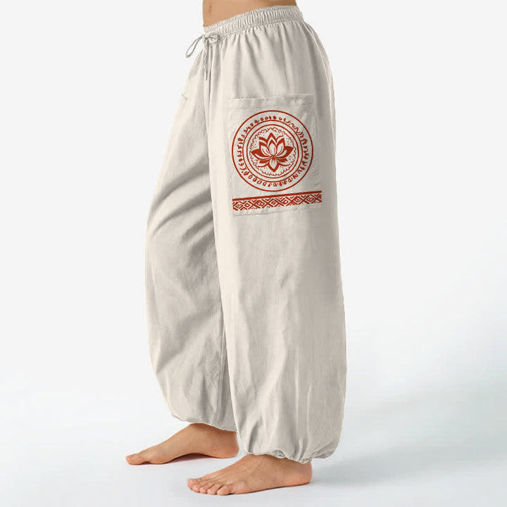 Buddha Stones Dames harembroek met elastische Taille en Zakken , katoenen lotus-mandala patroon. - Beige - US16, UK/AU20, EU48 (3XL) - image 0