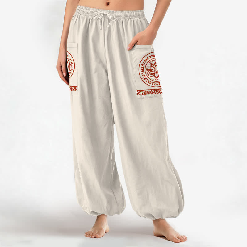 Buddha Stones Dames harembroek met elastische Taille en Zakken , katoenen lotus-mandala patroon. - image 1