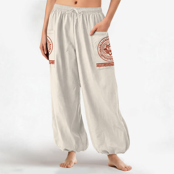 Buddha Stones Dames harembroek met elastische Taille en Zakken , katoenen lotus-mandala patroon. - image 1