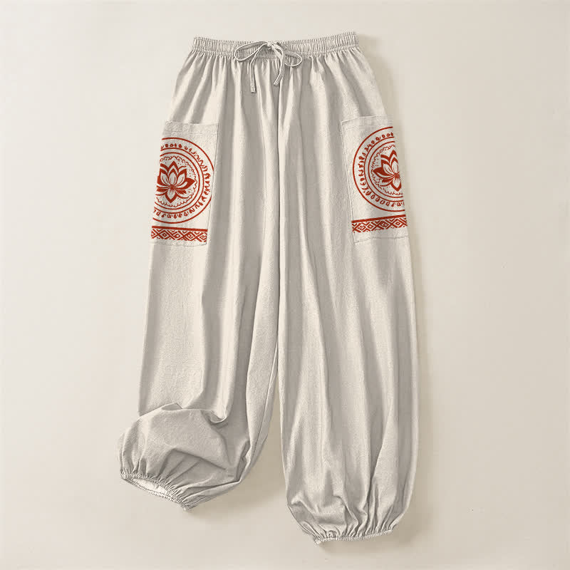 Buddha Stones Dames harembroek met elastische Taille en Zakken , katoenen lotus-mandala patroon. - image 3