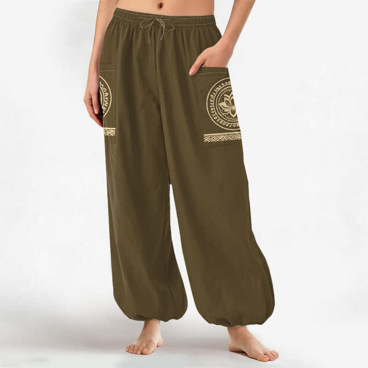 Buddha Stones Dames harembroek met elastische Taille en Zakken , katoenen lotus-mandala patroon. - image 8