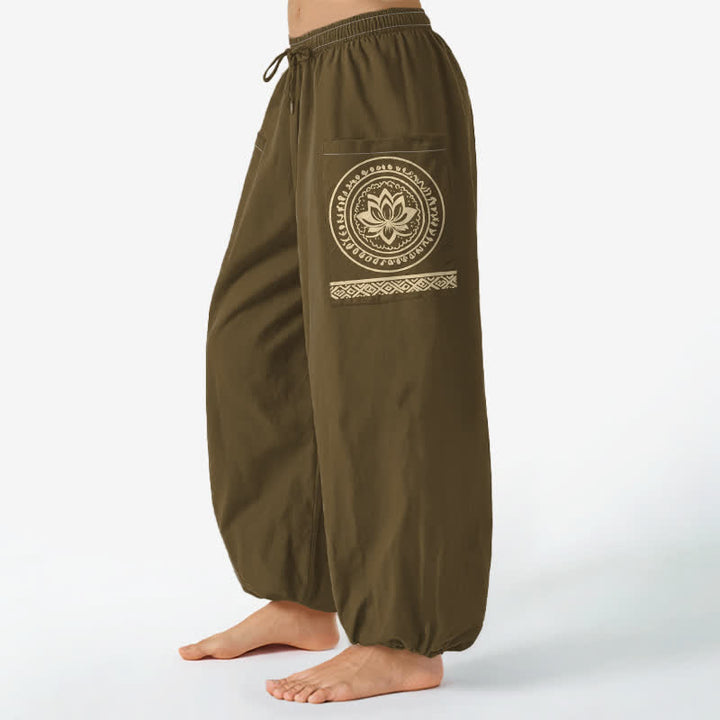Buddha Stones Dames harembroek met elastische Taille en Zakken , katoenen lotus-mandala patroon. - Olijf - US16, UK/AU20, EU48 (3XL) - image 7