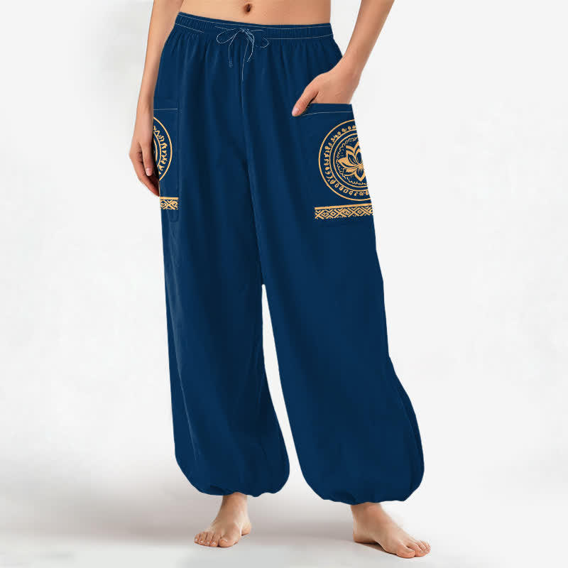Buddha Stones Dames harembroek met elastische Taille en Zakken , katoenen lotus-mandala patroon. - image 11