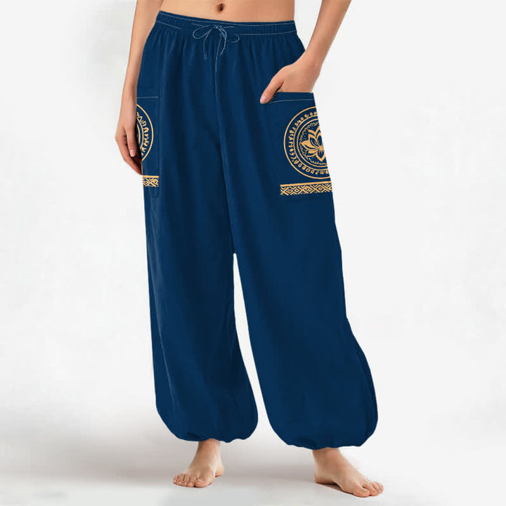 Buddha Stones Dames harembroek met elastische Taille en Zakken , katoenen lotus-mandala patroon. - image 11