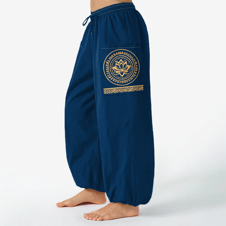 Buddha Stones Dames harembroek met elastische Taille en Zakken , katoenen lotus-mandala patroon. - Marine - US16, UK/AU20, EU48 (3XL) - image 10