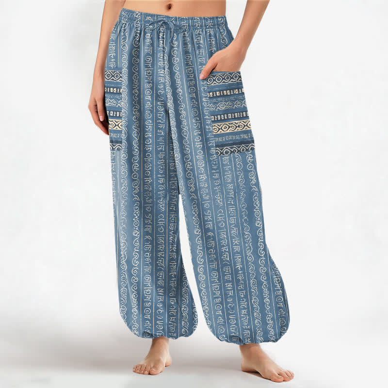 Buddha Stones Dames harembroek met elastische Taille en Zakken , gemaakt van katoen met een etnisch geometrisch streepmotief. - Hemelsblauw - US16, UK/AU20, EU48 (3XL) - image 0