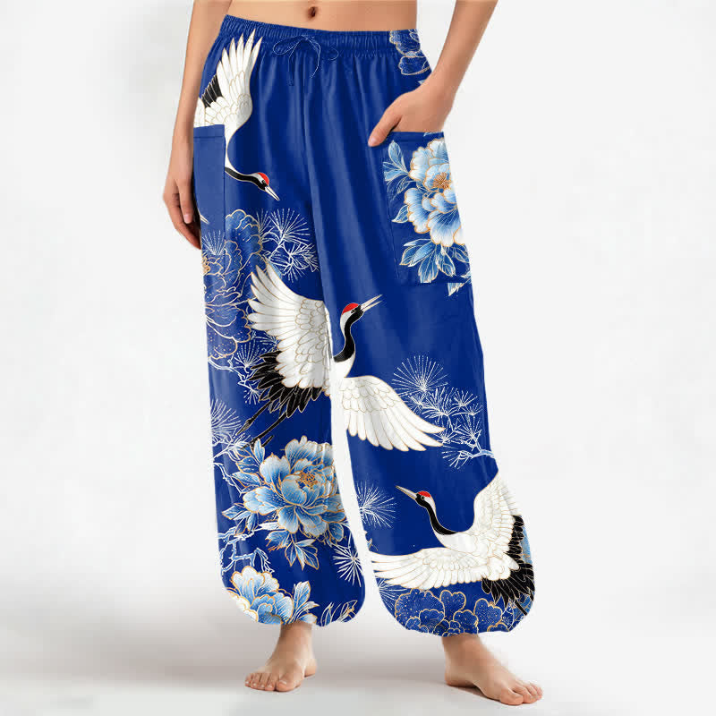 Buddha Stones Dames harembroek met elastische Taille en Zakken , met een patroon van katoenen oosterse kraanvogels en pioenrozen. - Koningsblauw - US16, UK/AU20, EU48 (3XL) - image 0