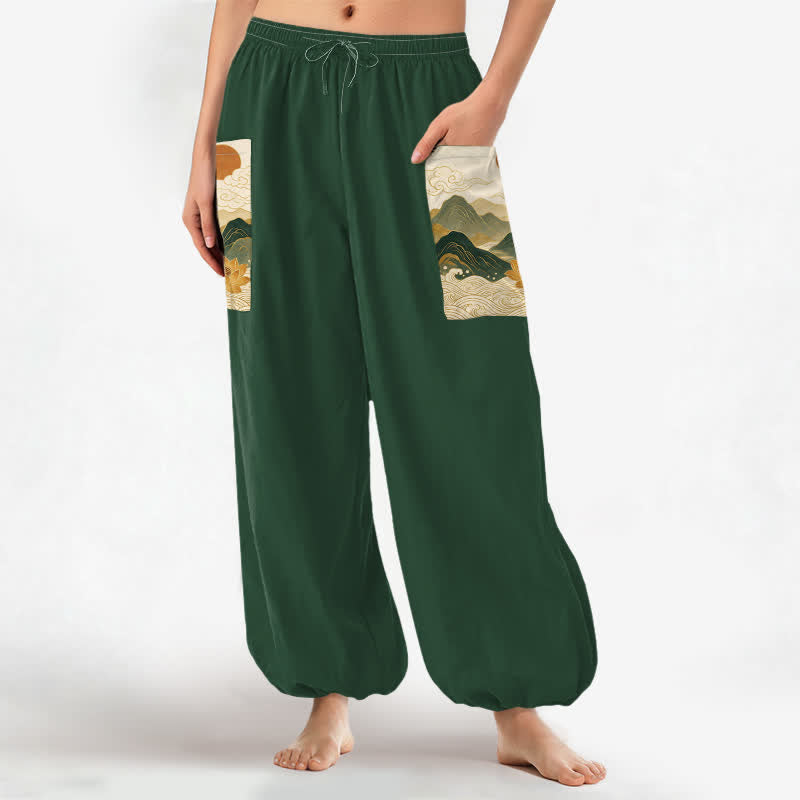 Buddha Stones Dames harembroek met elastische Taille en Zakken , met een oosters berglotuspatroon. - image 1