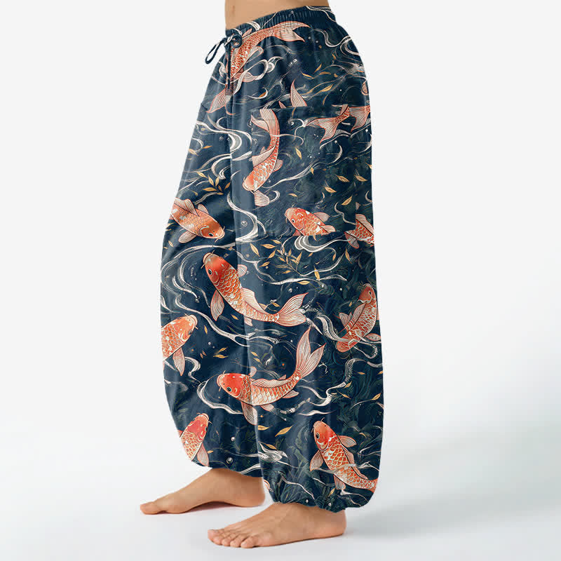 Buddha Stones Dames harembroek met elastische Taille en Zakken , met een oosters koi-golfpatroon. - image 1